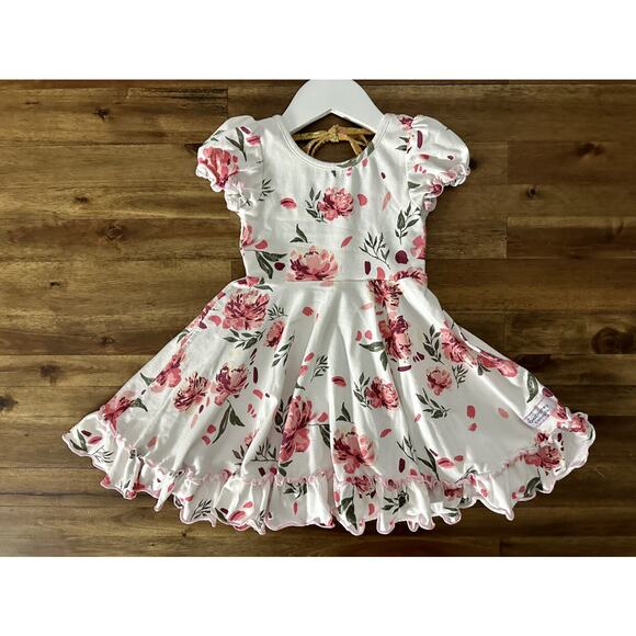 SweetHoney Flair Dress Knit Floral White Red Cinnamon Short Sleeves Ruffle 4T - Picture 2 of 9
